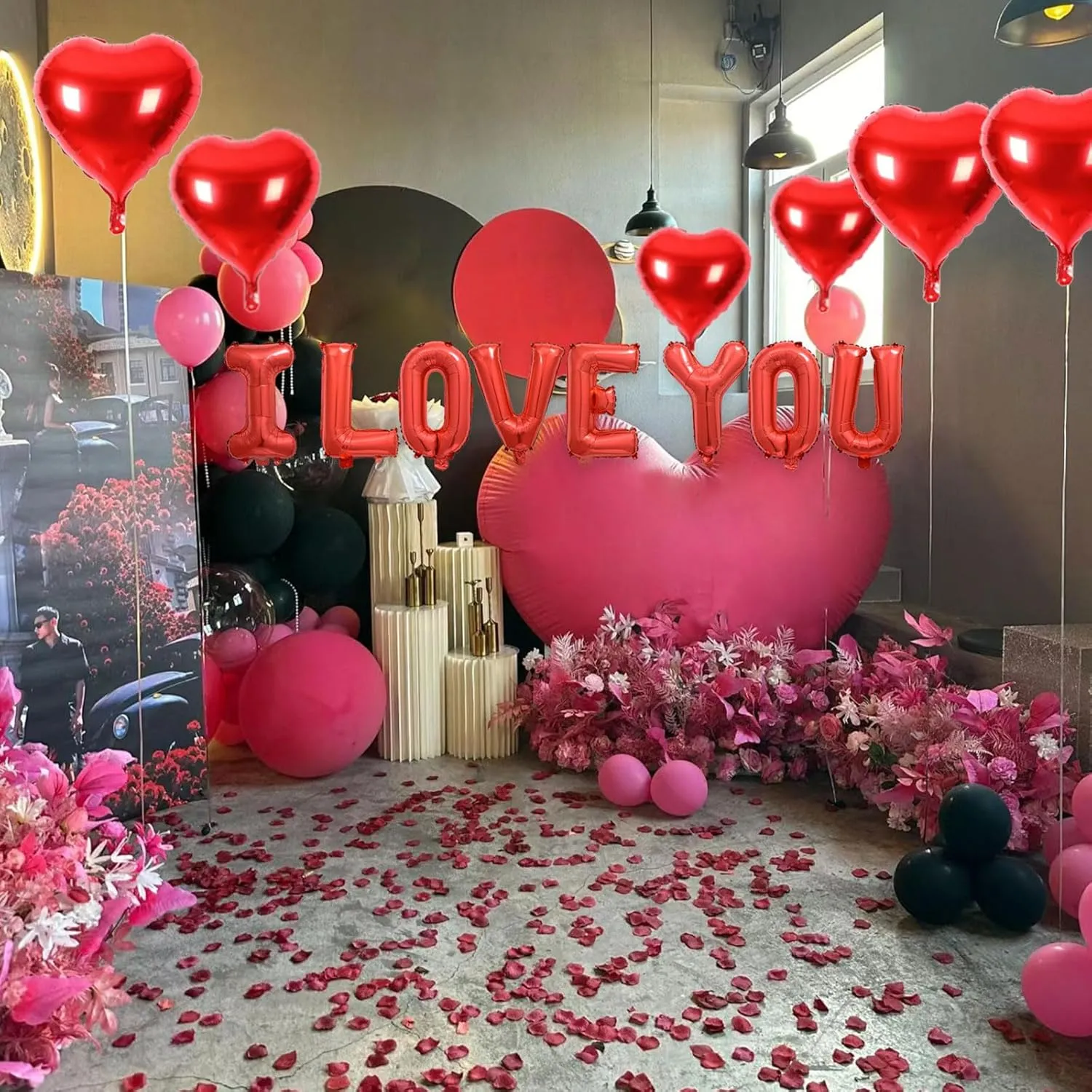2 Set Red I LOVE YOU Balloons - 16pcs 16" Letter Balloons 10pcs 18" Heart Balloons with 1200pcs Red Artificial Rose Petals Alphabet Foil Mylar Balloons for Valentines Day Decorations