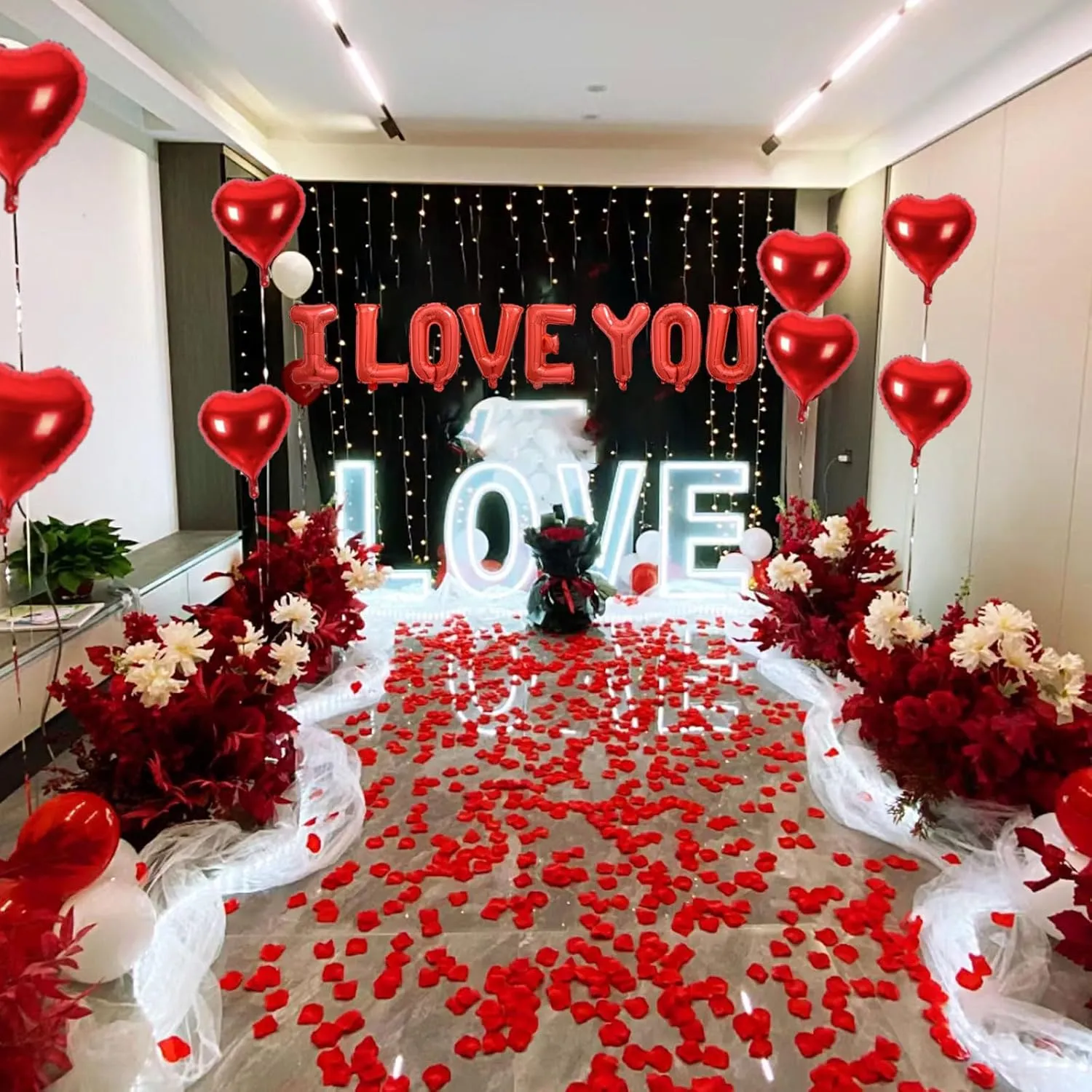 2 Set Red I LOVE YOU Balloons - 16pcs 16" Letter Balloons 10pcs 18" Heart Balloons with 1200pcs Red Artificial Rose Petals Alphabet Foil Mylar Balloons for Valentines Day Decorations