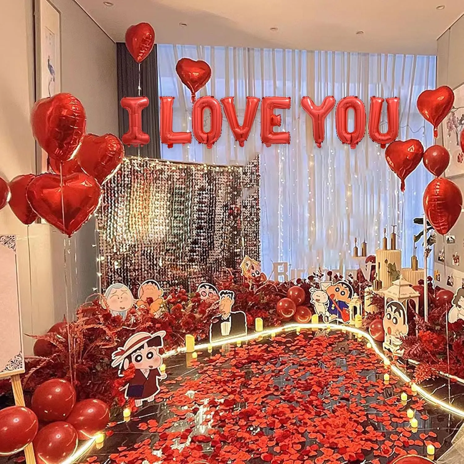2 Set Red I LOVE YOU Balloons - 16pcs 16" Letter Balloons 10pcs 18" Heart Balloons with 1200pcs Red Artificial Rose Petals Alphabet Foil Mylar Balloons for Valentines Day Decorations