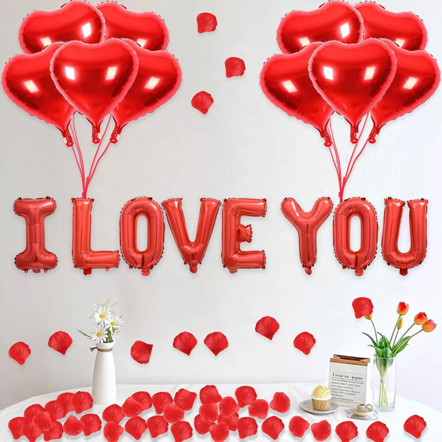2 Set Red I LOVE YOU Balloons - 16pcs 16" Letter Balloons 10pcs 18" Heart Balloons with 1200pcs Red Artificial Rose Petals Alphabet Foil Mylar Balloons for Valentines Day Decorations