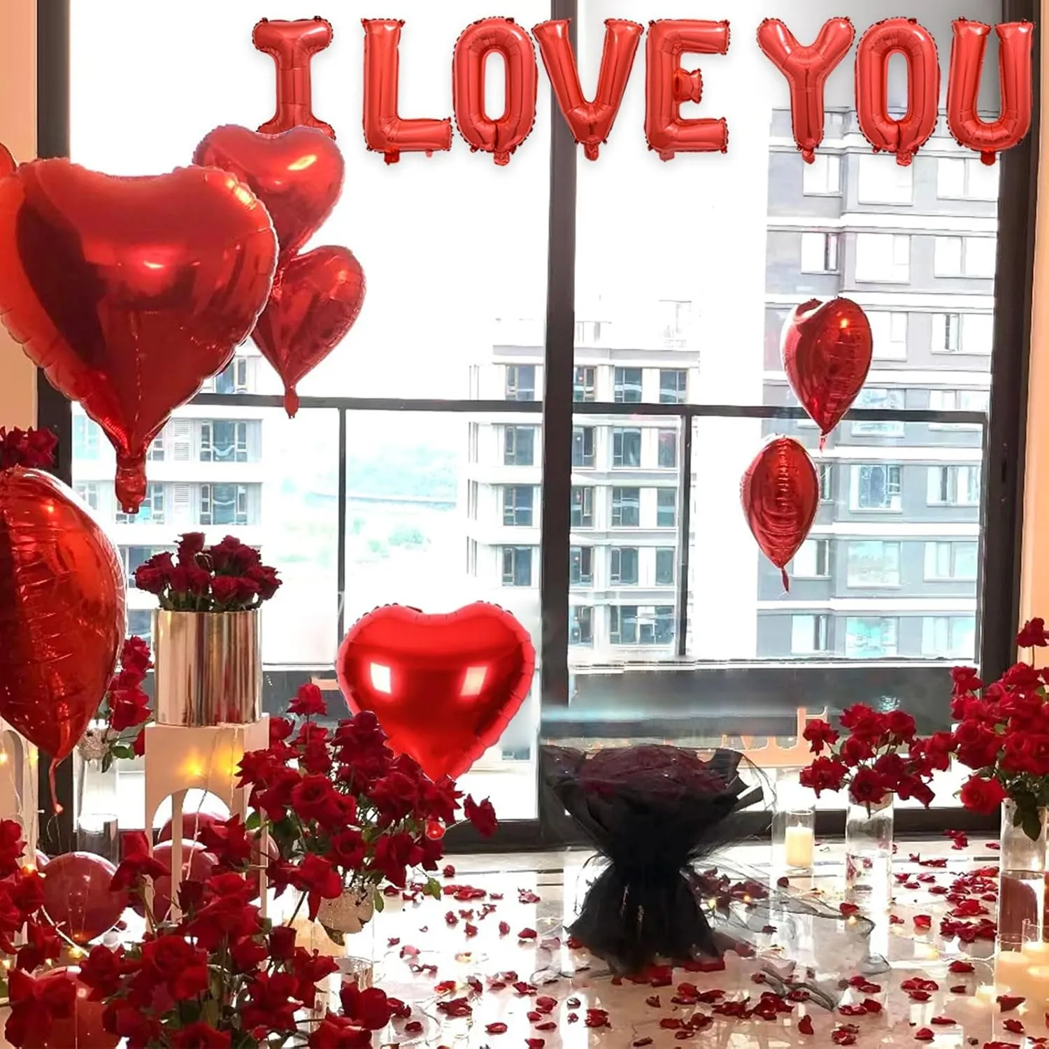 2 Set Red I LOVE YOU Balloons - 16pcs 16" Letter Balloons 10pcs 18" Heart Balloons with 1200pcs Red Artificial Rose Petals Alphabet Foil Mylar Balloons for Valentines Day Decorations