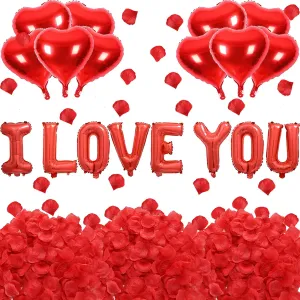 2 Set Red I LOVE YOU Balloons - 16pcs 16" Letter Balloons 10pcs 18" Heart Balloons with 1200pcs Red Artificial Rose Petals Alphabet Foil Mylar Balloons for Valentines Day Decorations