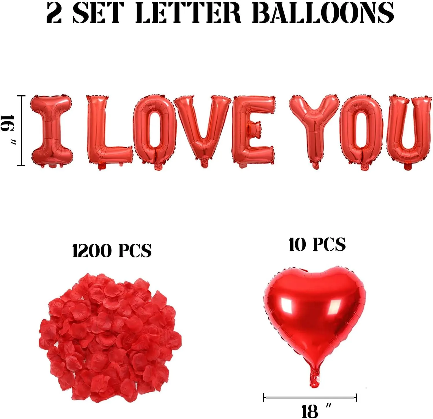 2 Set Red I LOVE YOU Balloons - 16pcs 16" Letter Balloons 10pcs 18" Heart Balloons with 1200pcs Red Artificial Rose Petals Alphabet Foil Mylar Balloons for Valentines Day Decorations