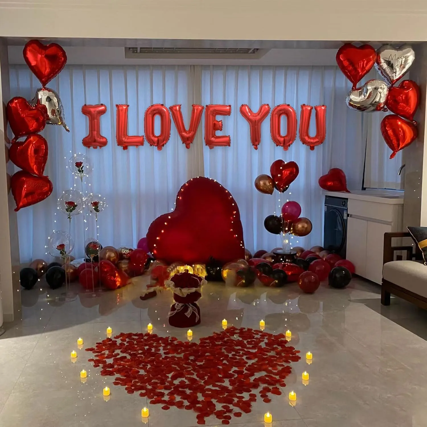 2 Set Red I LOVE YOU Balloons - 16pcs 16" Letter Balloons 10pcs 18" Heart Balloons with 1200pcs Red Artificial Rose Petals Alphabet Foil Mylar Balloons for Valentines Day Decorations