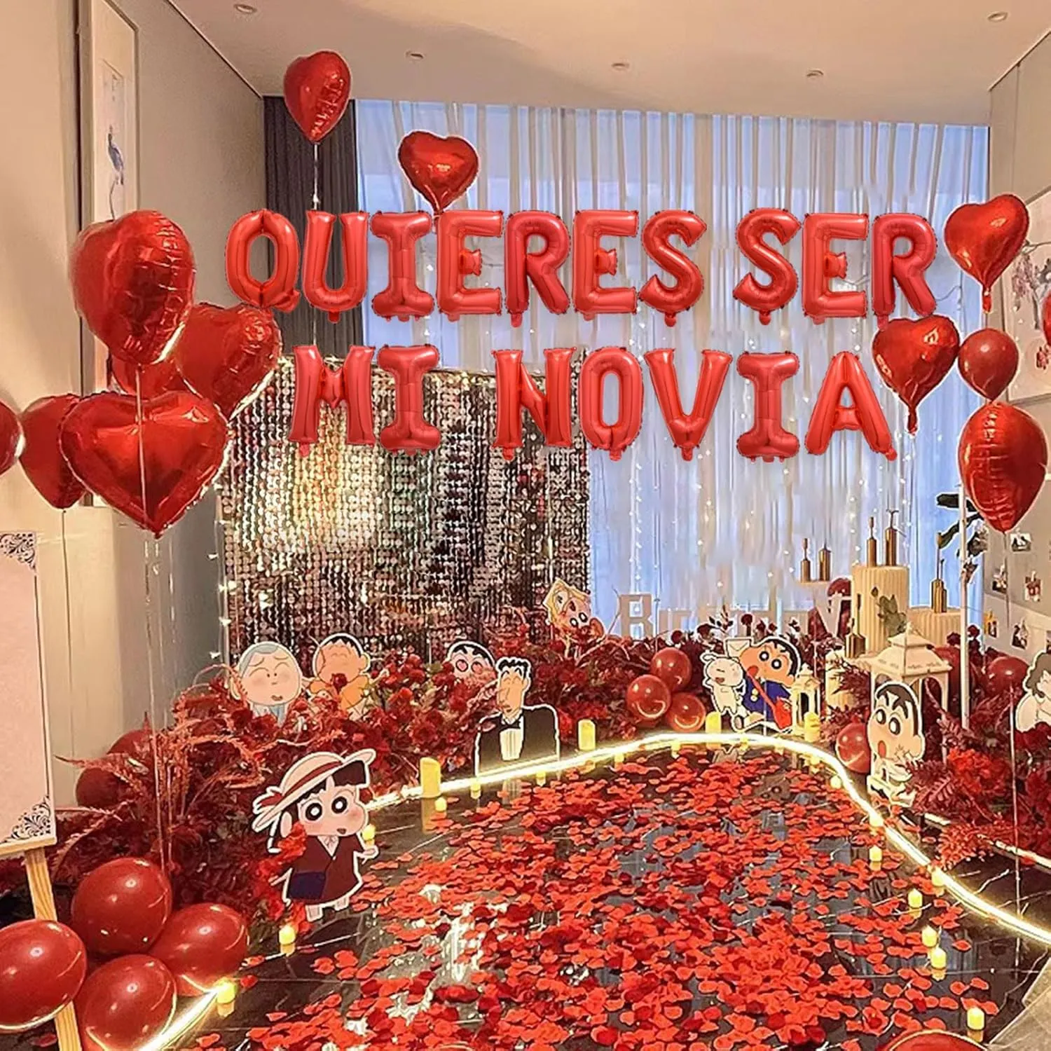 2 Set Red QUIERES SER MI NOVIA Balloons - 1200pcs Red Artificial Rose Petals 34pcs 16" Letter Balloon 10pcs 18" Heart Balloons Alphabet Foil Mylar Balloon for Valentines Day Decorations