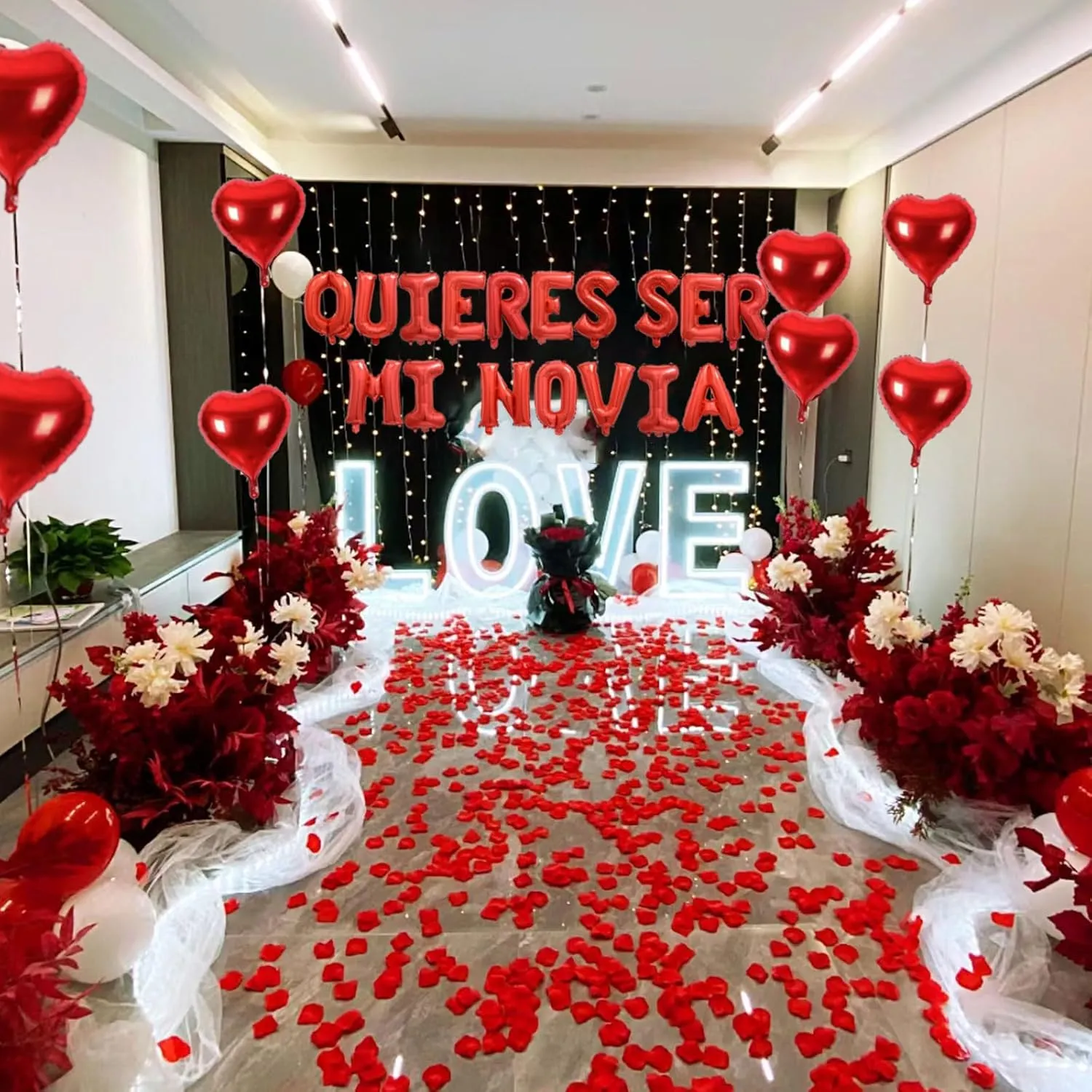 2 Set Red QUIERES SER MI NOVIA Balloons - 1200pcs Red Artificial Rose Petals 34pcs 16" Letter Balloon 10pcs 18" Heart Balloons Alphabet Foil Mylar Balloon for Valentines Day Decorations