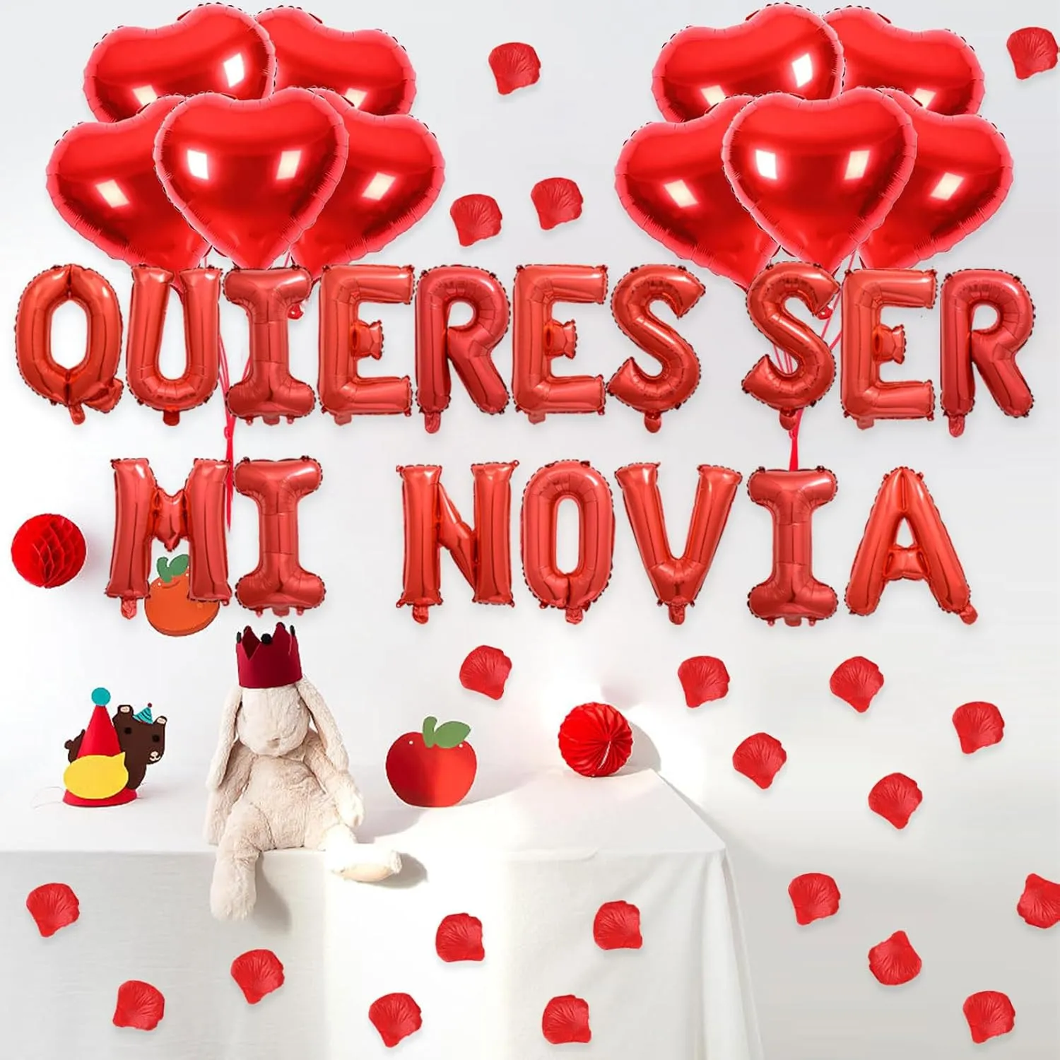 2 Set Red QUIERES SER MI NOVIA Balloons - 1200pcs Red Artificial Rose Petals 34pcs 16" Letter Balloon 10pcs 18" Heart Balloons Alphabet Foil Mylar Balloon for Valentines Day Decorations