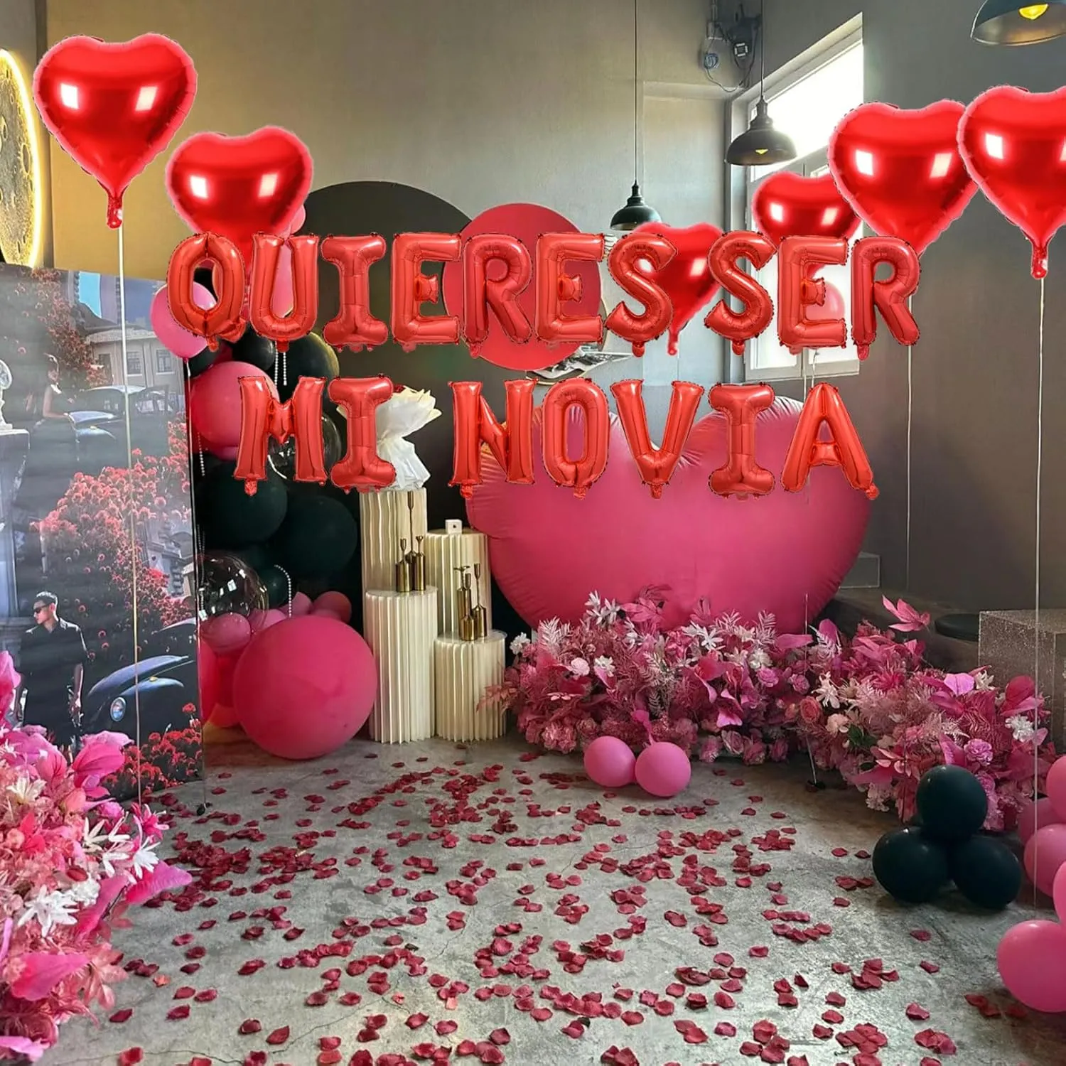 2 Set Red QUIERES SER MI NOVIA Balloons - 1200pcs Red Artificial Rose Petals 34pcs 16" Letter Balloon 10pcs 18" Heart Balloons Alphabet Foil Mylar Balloon for Valentines Day Decorations