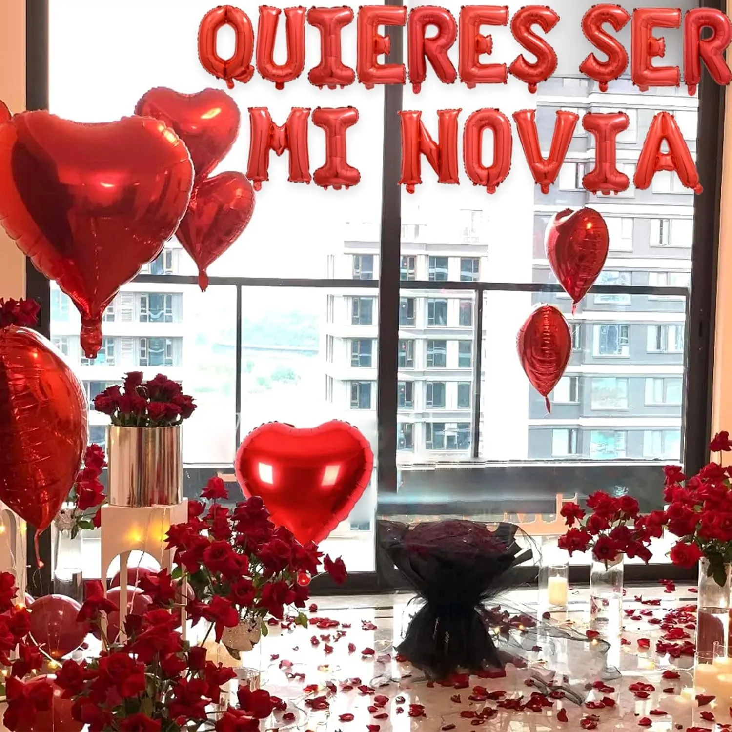 2 Set Red QUIERES SER MI NOVIA Balloons - 1200pcs Red Artificial Rose Petals 34pcs 16" Letter Balloon 10pcs 18" Heart Balloons Alphabet Foil Mylar Balloon for Valentines Day Decorations