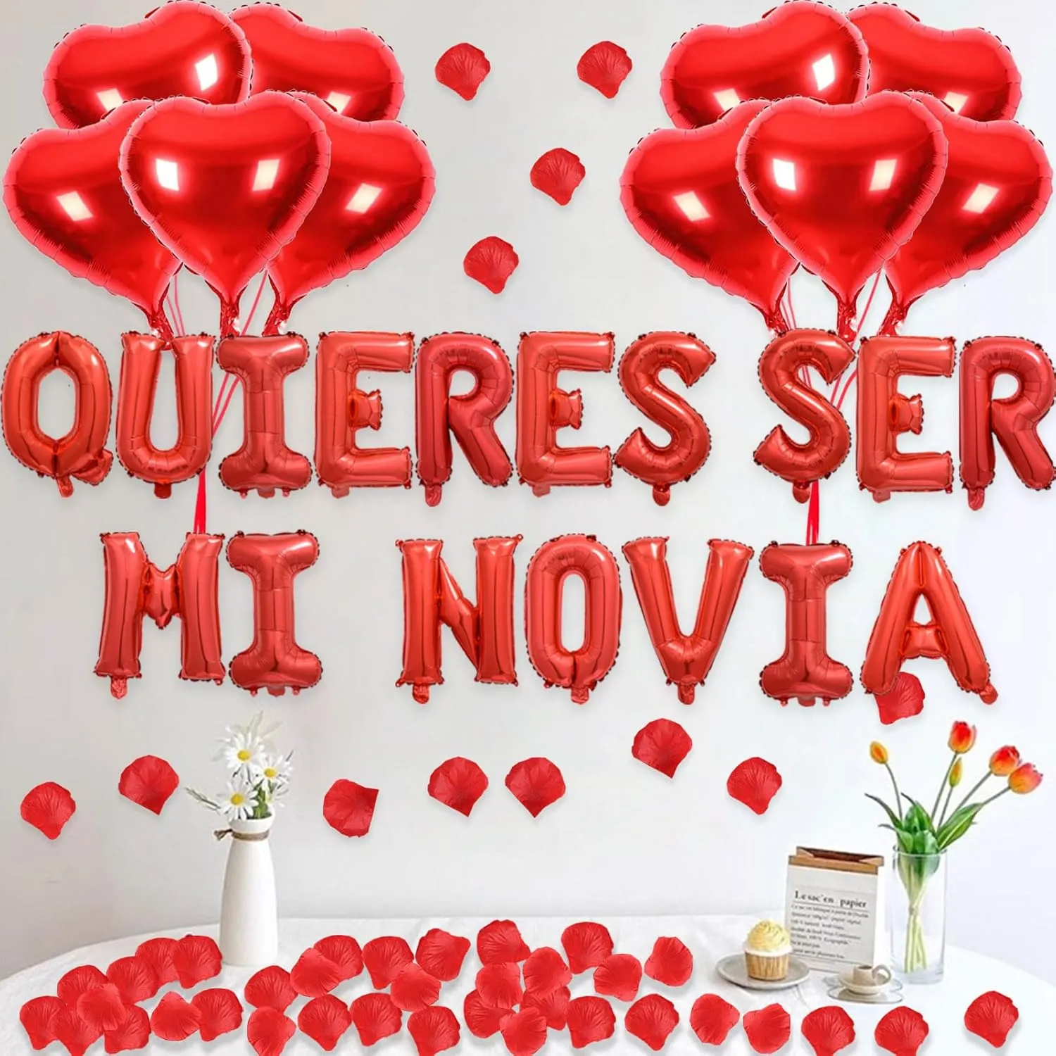 2 Set Red QUIERES SER MI NOVIA Balloons - 1200pcs Red Artificial Rose Petals 34pcs 16" Letter Balloon 10pcs 18" Heart Balloons Alphabet Foil Mylar Balloon for Valentines Day Decorations
