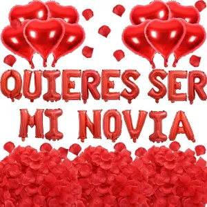 2 Set Red QUIERES SER MI NOVIA Balloons - 1200pcs Red Artificial Rose Petals 34pcs 16" Letter Balloon 10pcs 18" Heart Balloons Alphabet Foil Mylar Balloon for Valentines Day Decorations