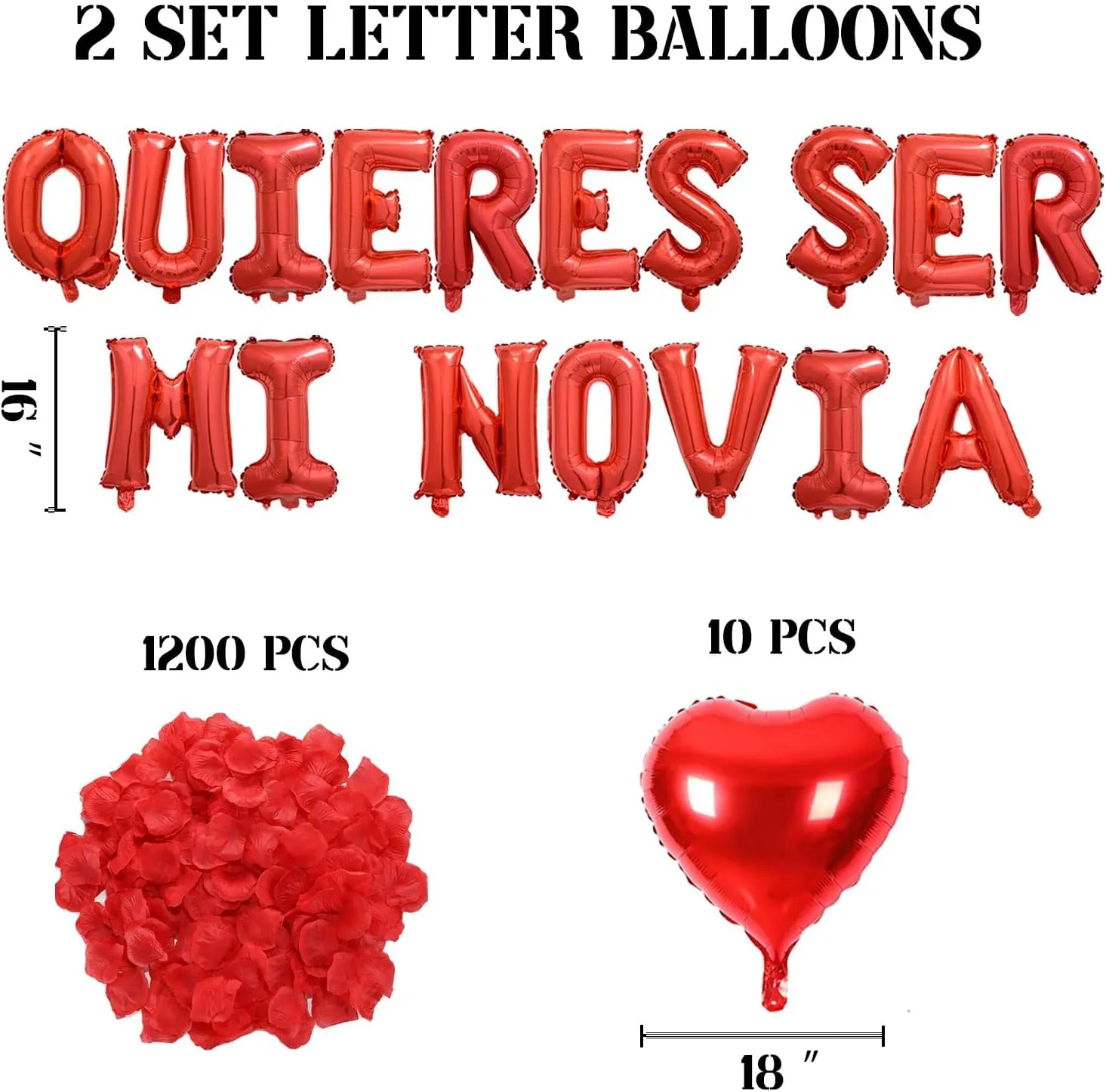 2 Set Red QUIERES SER MI NOVIA Balloons - 1200pcs Red Artificial Rose Petals 34pcs 16" Letter Balloon 10pcs 18" Heart Balloons Alphabet Foil Mylar Balloon for Valentines Day Decorations