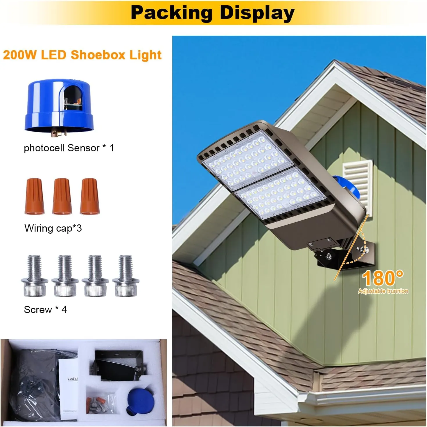 200W LED Parking Lot Light 28000LM Bright Dusk to Dawn FloodLights Outdoor with Trunnion Wall Yoke Mount 5500K Commercial 85-277V IP65 Waterproof Shoebox Barn Lighting for Yard,Garage