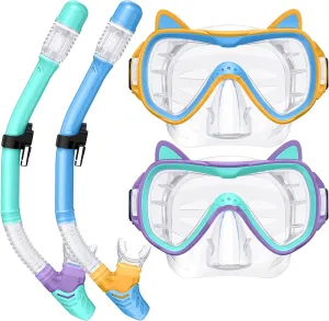 2025 Cute Kitten Kids Snorkel Set 2-Pack, Pastel Colors, Anti-Fog Tempered Glass Snorkeling Gear for Kids Age 6 and up – Ideal for Birthdays or Graduation Celebrations!