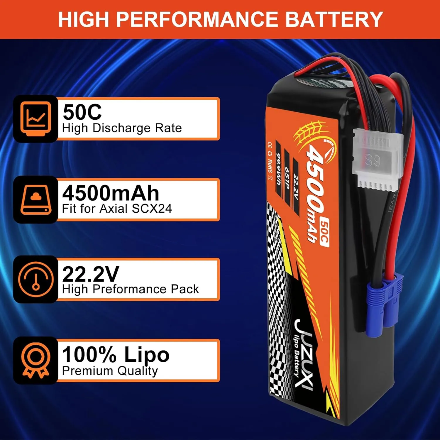 22.2V Lipo Battery 4500mAh 6S 50C Rechargeable Lithium Polymer Battery with XH & EC5 Connector Compatible with RC Car RC Boat Quadcopter Helicopter Airplane RC Models (2 Packs)