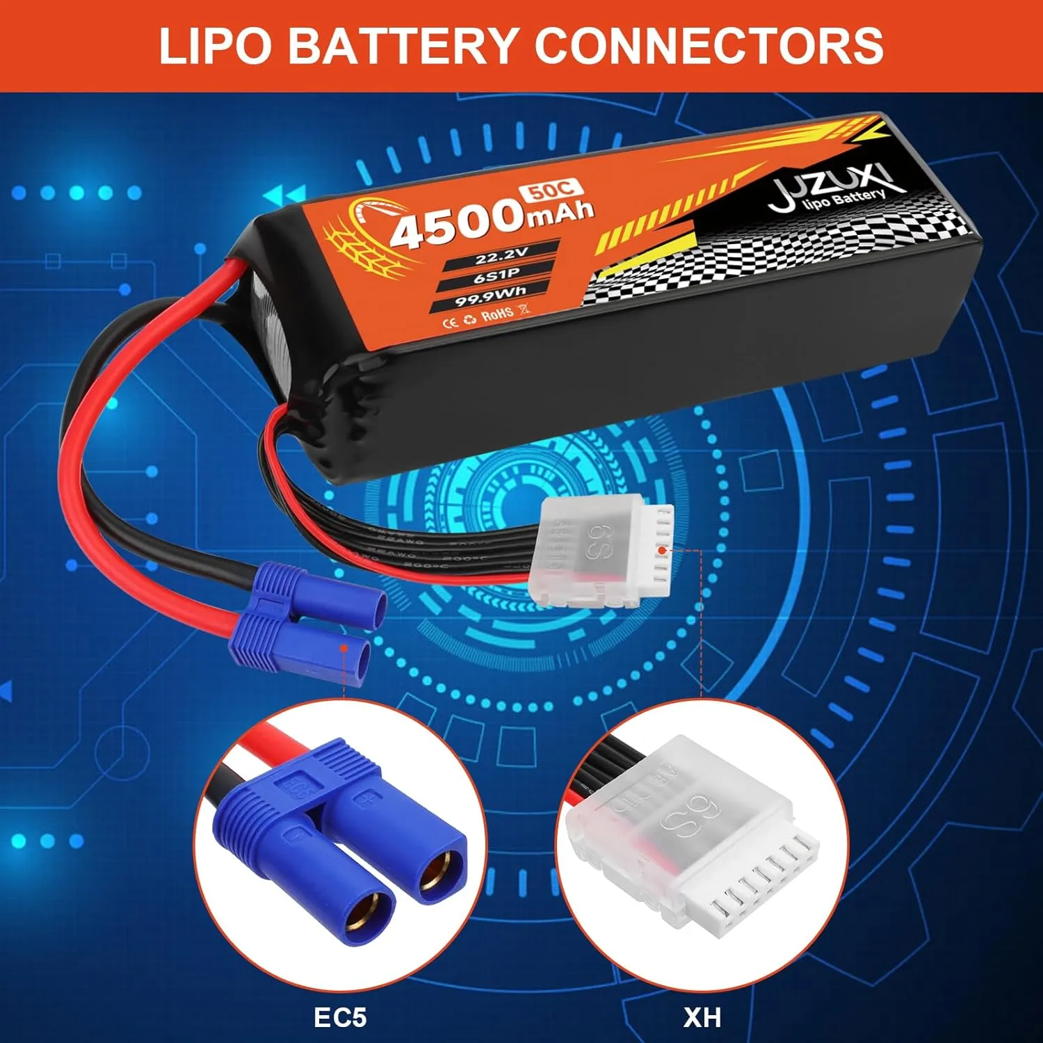 22.2V Lipo Battery 4500mAh 6S 50C Rechargeable Lithium Polymer Battery with XH & EC5 Connector Compatible with RC Car RC Boat Quadcopter Helicopter Airplane RC Models (2 Packs)