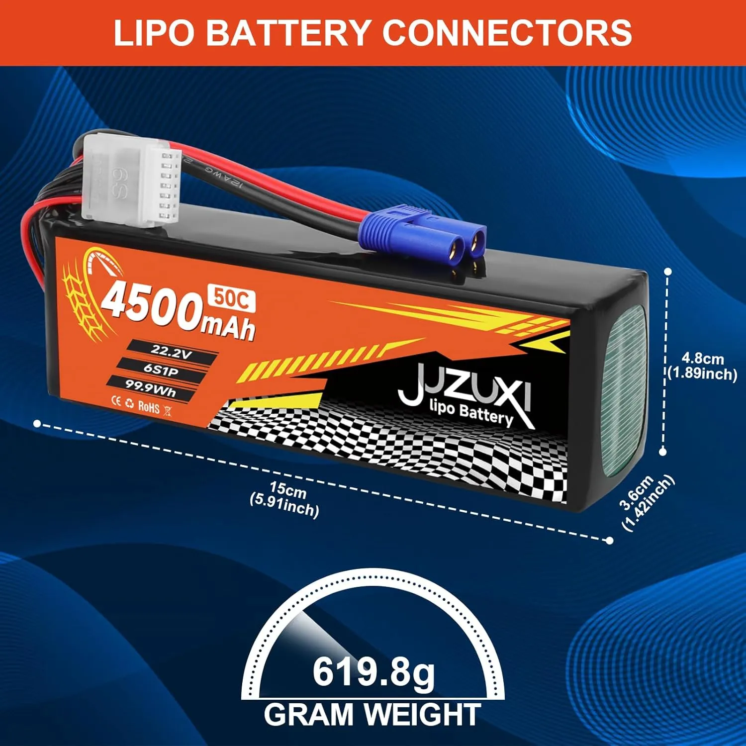 22.2V Lipo Battery 4500mAh 6S 50C Rechargeable Lithium Polymer Battery with XH & EC5 Connector Compatible with RC Car RC Boat Quadcopter Helicopter Airplane RC Models (2 Packs)