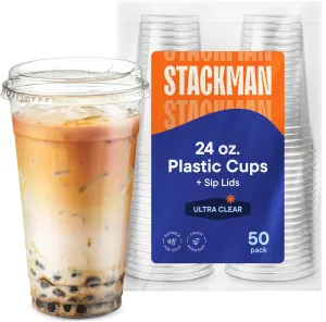 24 oz Clear Plastic Cups with Strawless Sip-Lids [50 Sets] PET Crystal Clear Disposable 16oz Plastic Cups with Lids - Crystal Clear, Durable Cup - BPA Free   Crack Resistant, for Coffee, Juice, Shakes