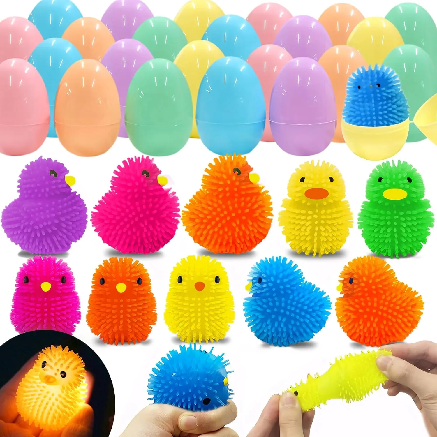 24 Pack Easter Eggs Filled Chick LED Puffer Balls,Light Up Toys Stuffers Stress Relief LED Ball for Kids Easter Egg Hunt Filling Treats Easter Basket Stuffers Easter Party Favor