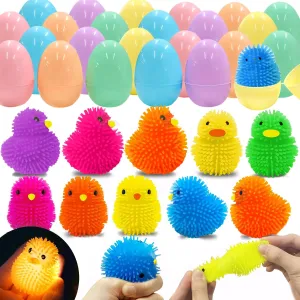 24 Pack Easter Eggs Filled Chick LED Puffer Balls,Light Up Toys Stuffers Stress Relief LED Ball for Kids Easter Egg Hunt Filling Treats Easter Basket Stuffers Easter Party Favor