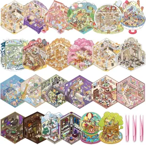 24 Sets 3D Scene Sticker Therapy Adults Fun Cartoon Make Your Own Room Shop Scenes DIY House Stickers for Kids Cartoon Animal Relief StressOwn