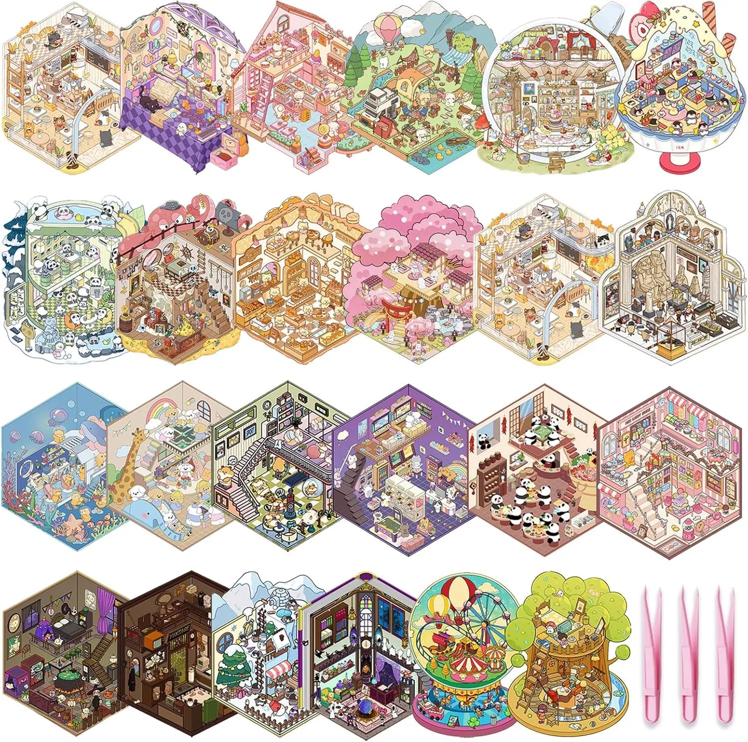 24 Sets 3D Scene Sticker Therapy Adults Fun Cartoon Make Your Own Room Shop Scenes DIY House Stickers for Kids Cartoon Animal Relief StressOwn