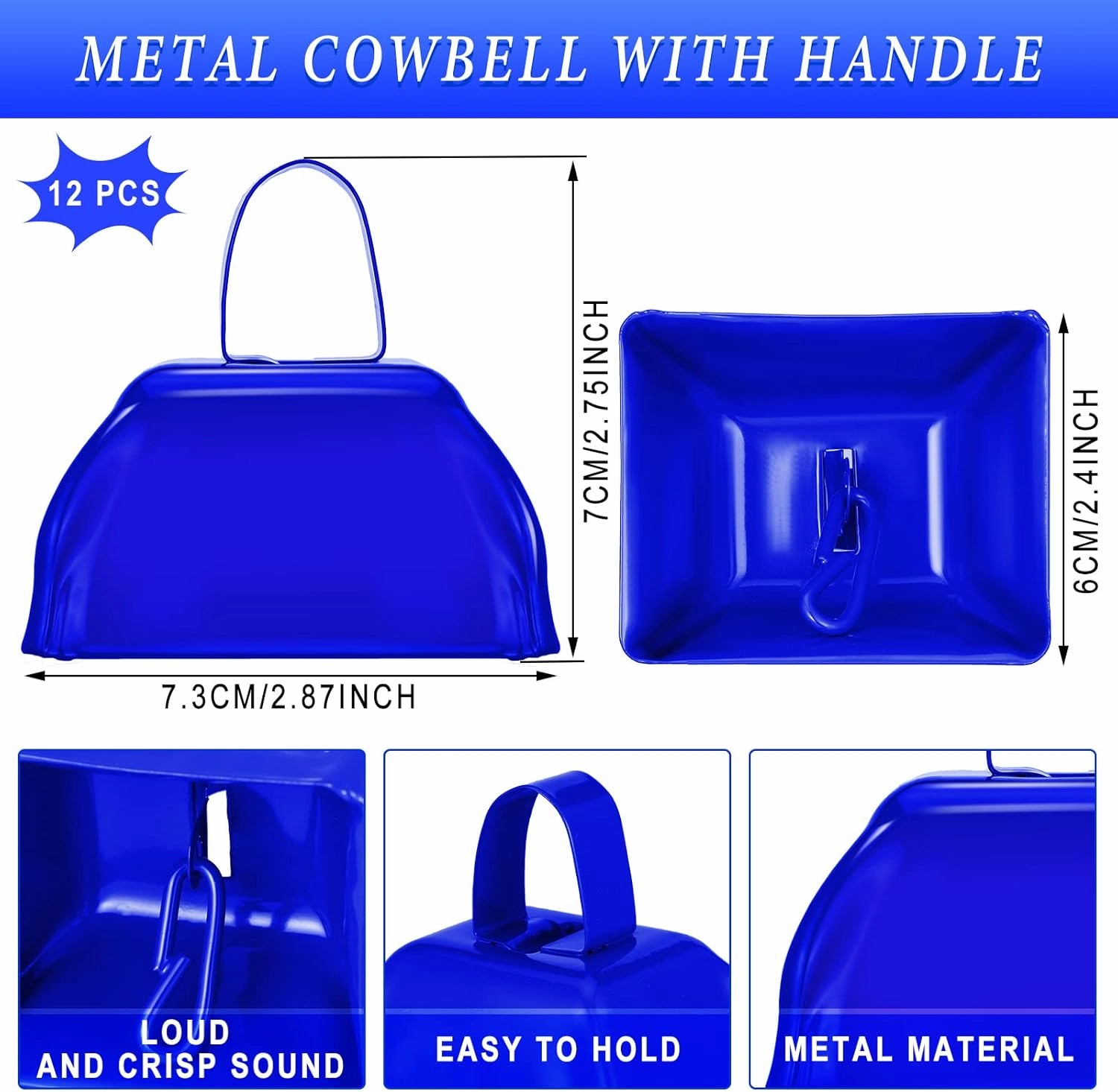24 Pcs Metal Cowbells and Hand Clappers Cow Bells with Handle Cheering Clappers for Noisemakers Sports Events Party Favors Cheers Ball Dance Basketball Football Noise Makers (Blue)