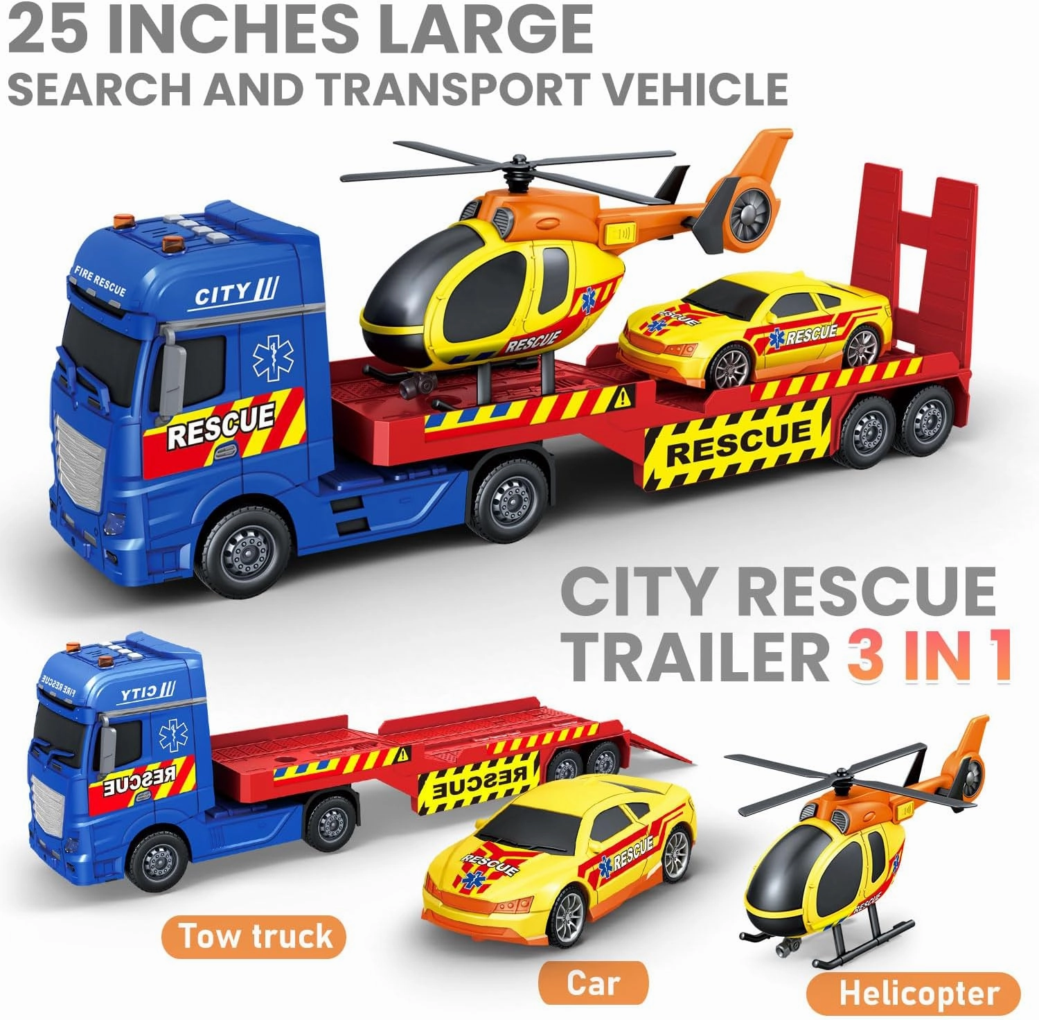 25.6" Semi Truck Toy with Tow Truck Toy for Kids,Racing Car and Helicopter,Truck with Lights & Sounds,Birthday Gift for 2 3 4 5 Years Old Boys