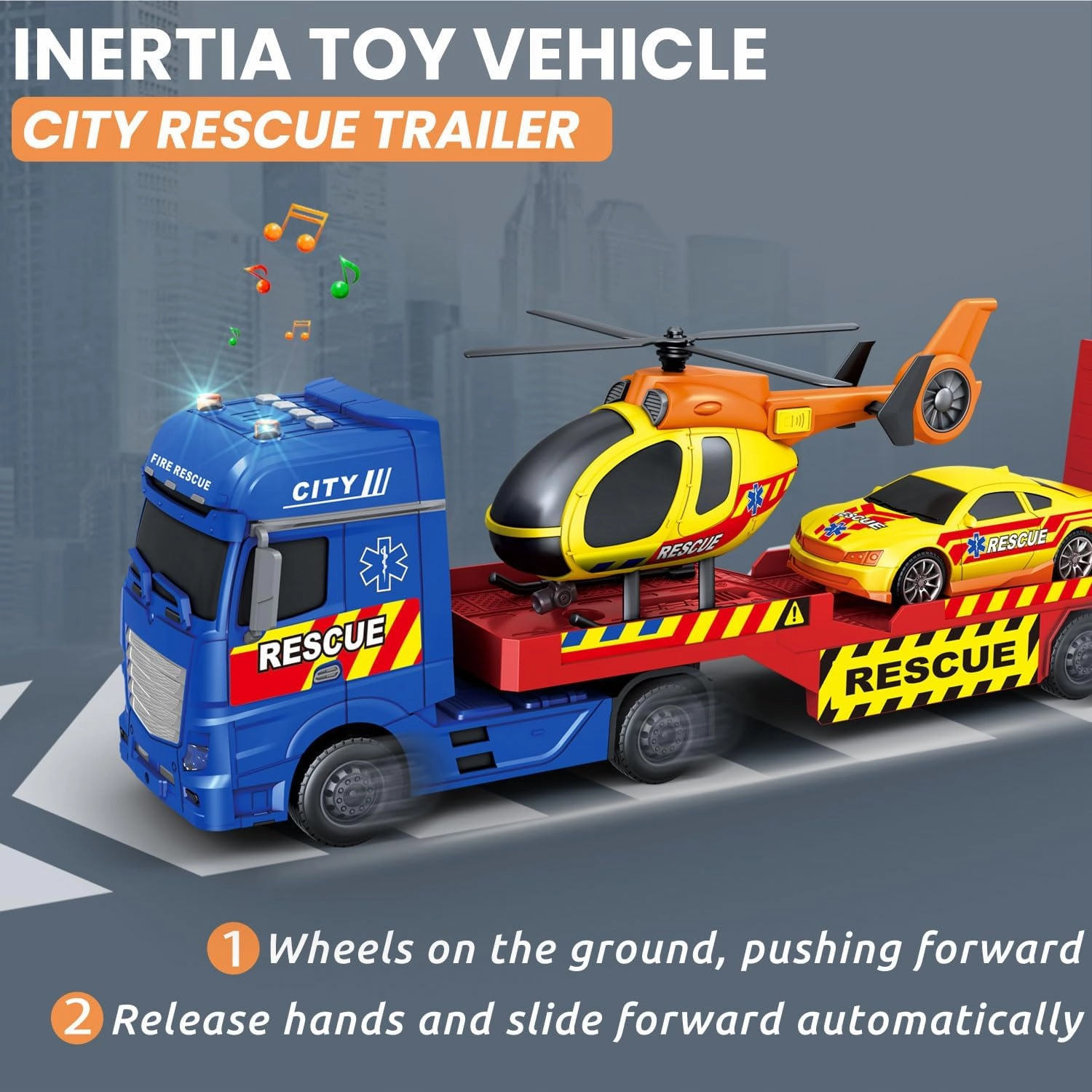 25.6" Semi Truck Toy with Tow Truck Toy for Kids,Racing Car and Helicopter,Truck with Lights & Sounds,Birthday Gift for 2 3 4 5 Years Old Boys
