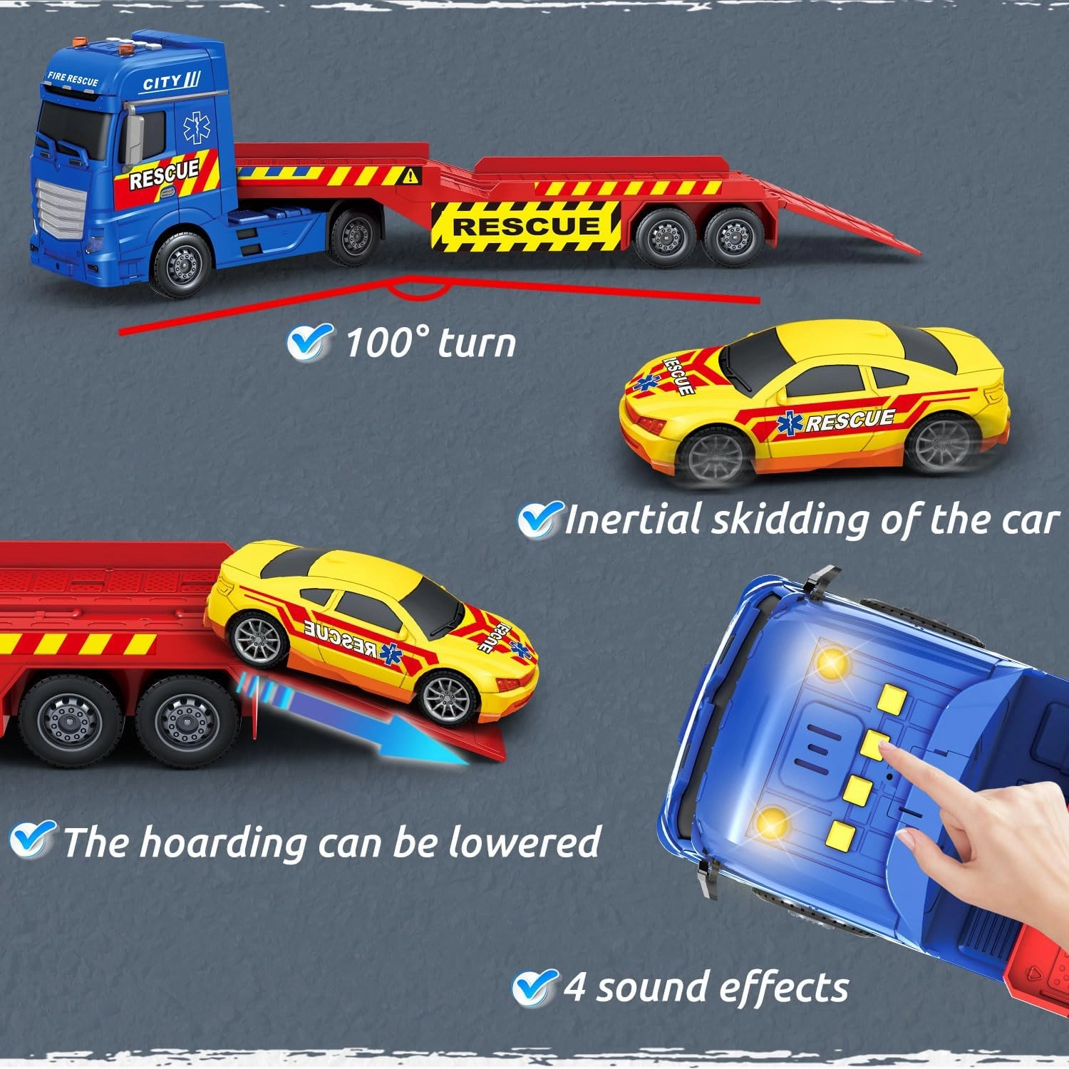 25.6" Semi Truck Toy with Tow Truck Toy for Kids,Racing Car and Helicopter,Truck with Lights & Sounds,Birthday Gift for 2 3 4 5 Years Old Boys