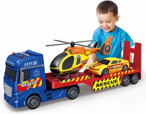 25.6" Semi Truck Toy with Tow Truck Toy for Kids,Racing Car and Helicopter,Truck with Lights & Sounds,Birthday Gift for 2 3 4 5 Years Old Boys