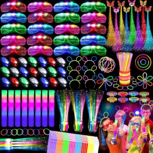 298PCS Glow in the Dark Party Supplies, 12PCS Glow Fiber Optic Wands, 20PCS LED Glasses, 8PCS Foam Glow Sticks and 200PCS Glow Sticks Bracelets, Light Up Party Favors for Wedding, Concert, Birthday