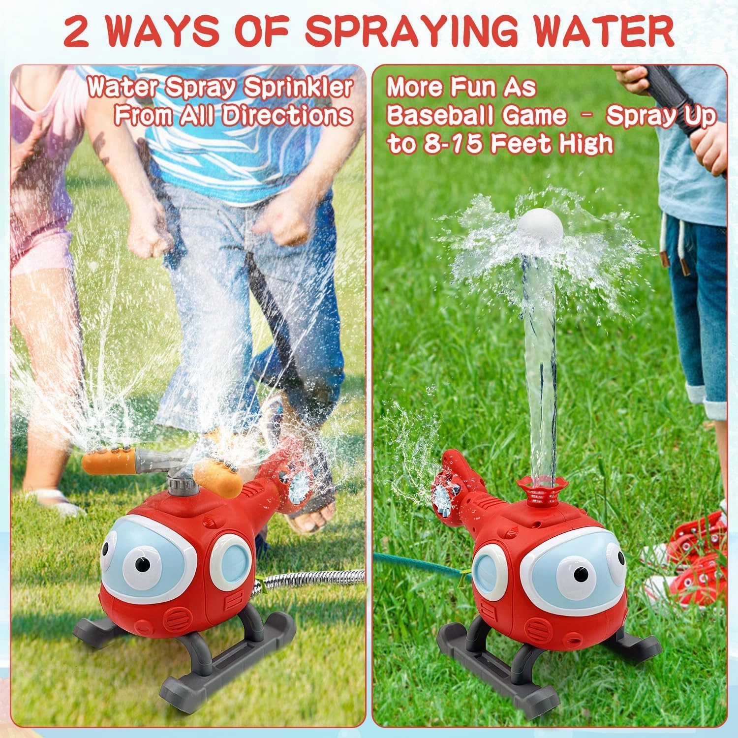 2 in 1 Water Sprinklers T Ball Set for Kids and Toddlers, Baseball Sprinkler for Backyard Helicopter Toy, Attaches to Garden Hose Summer Pool Outdoor Water Toy