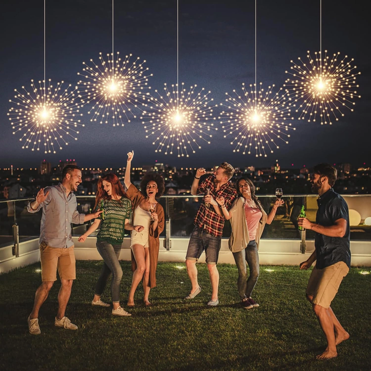 2 Pack Hanging Decor Lights,200 LED Battery Powered Fairy Light, Fireworks Light with Remote, Waterproof Starburst Lights for Gardens Courtyards Christmas Festive Wedding Parties (Warm White)