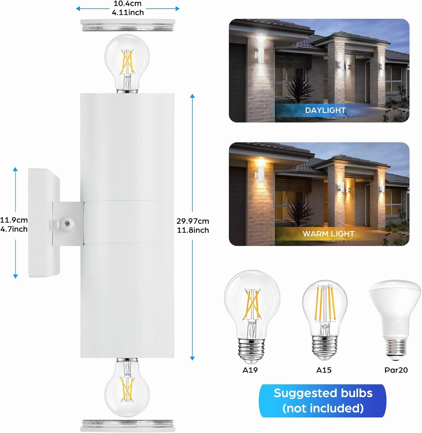 2-Pack White Outdoor Wall Sconces Dusk to Dawn, Up Down Modern Exterior Light Fixtures for House, Outside Wall Lights for Porch Garage Patio Front Door Hallway, Weather-Proof Aluminum Finish