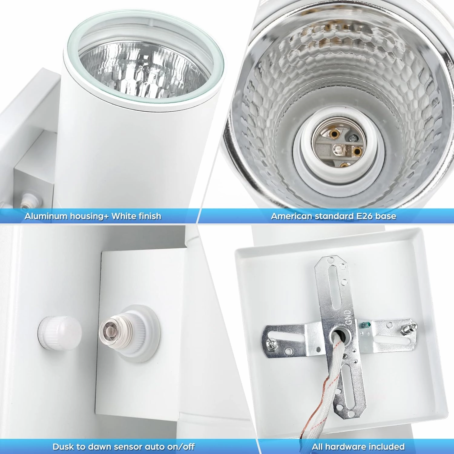 2-Pack White Outdoor Wall Sconces Dusk to Dawn, Up Down Modern Exterior Light Fixtures for House, Outside Wall Lights for Porch Garage Patio Front Door Hallway, Weather-Proof Aluminum Finish