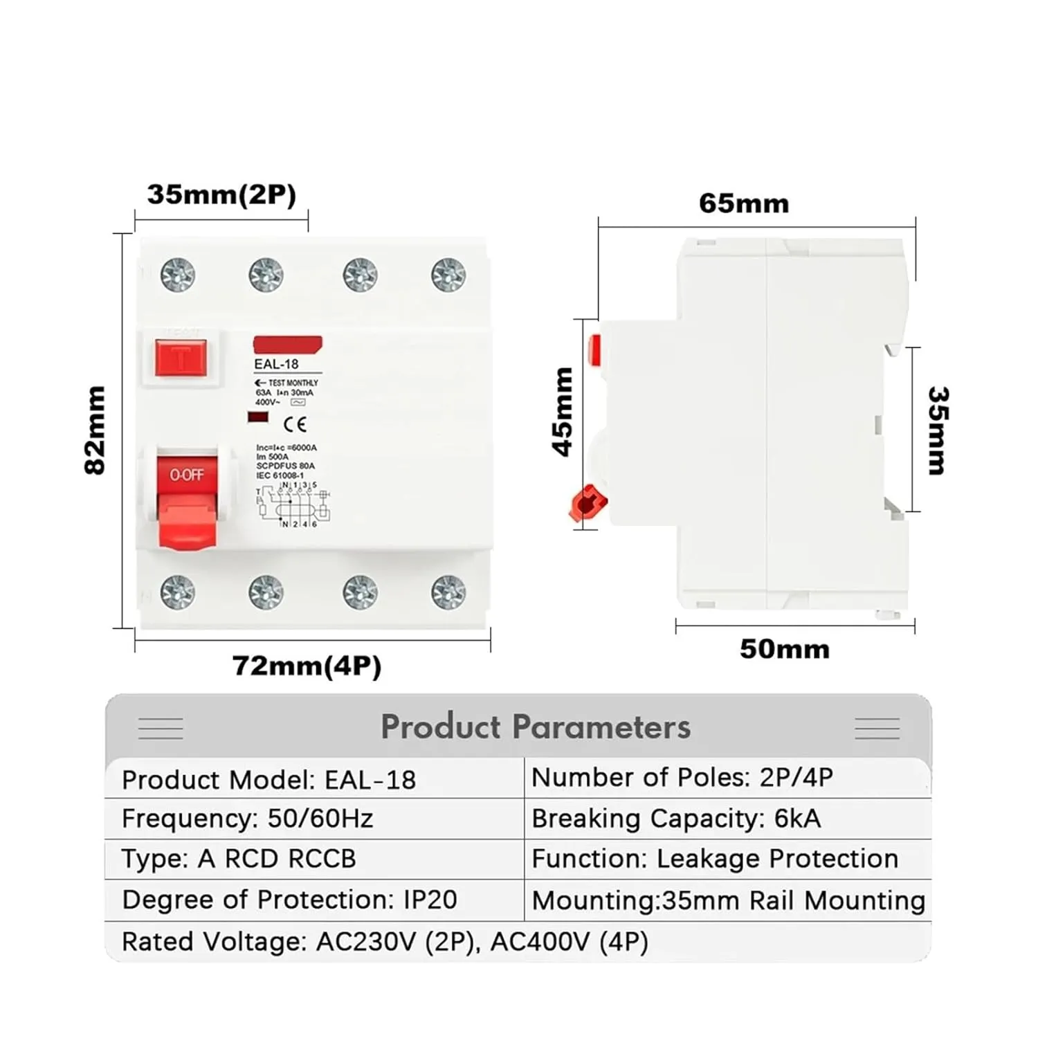 2P 4P 10/30/100/300mA Type A RCCB RCD ELCB Electromagnetic Residual Current Circuit Breaker Differential Breaker Safety Switch(10mA,2P 10A)