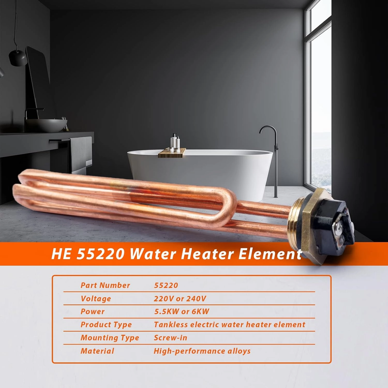 2PACK HE 55220 Water Heater Element Replacement for Ecosmart ECO POU 6 ECO 8 ECO 11 Eco Smart Electric Tankless Water Heater Heating Element 5.5KW 220V or 6KW 240V Unit
