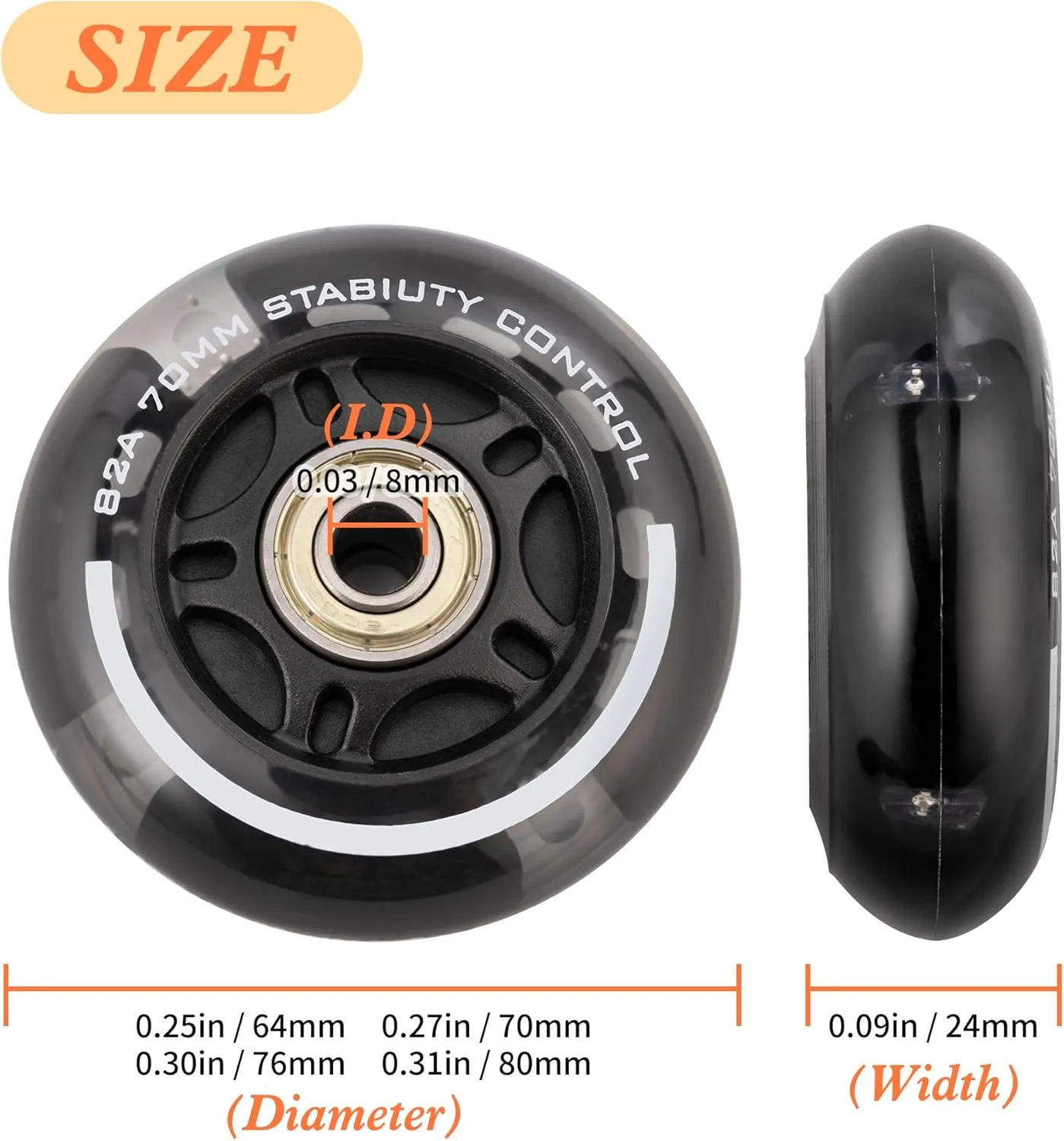 2PM SPORTS 4 Pack 76mm, 82A Inline Skate Wheels with ABEC-7 Bearing, Indoor/Outdoor Inline Skates Wheels
