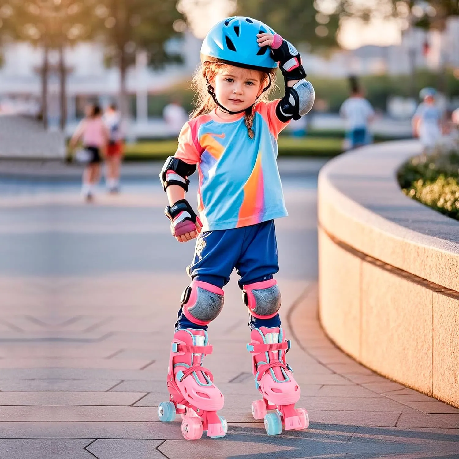 2PM SPORTS 4 Size Adjustable Light Up Roller Skates for Girls, Flashing 4 Wheels, Beginner Kids Rollerskates for Age 5-8 8-12