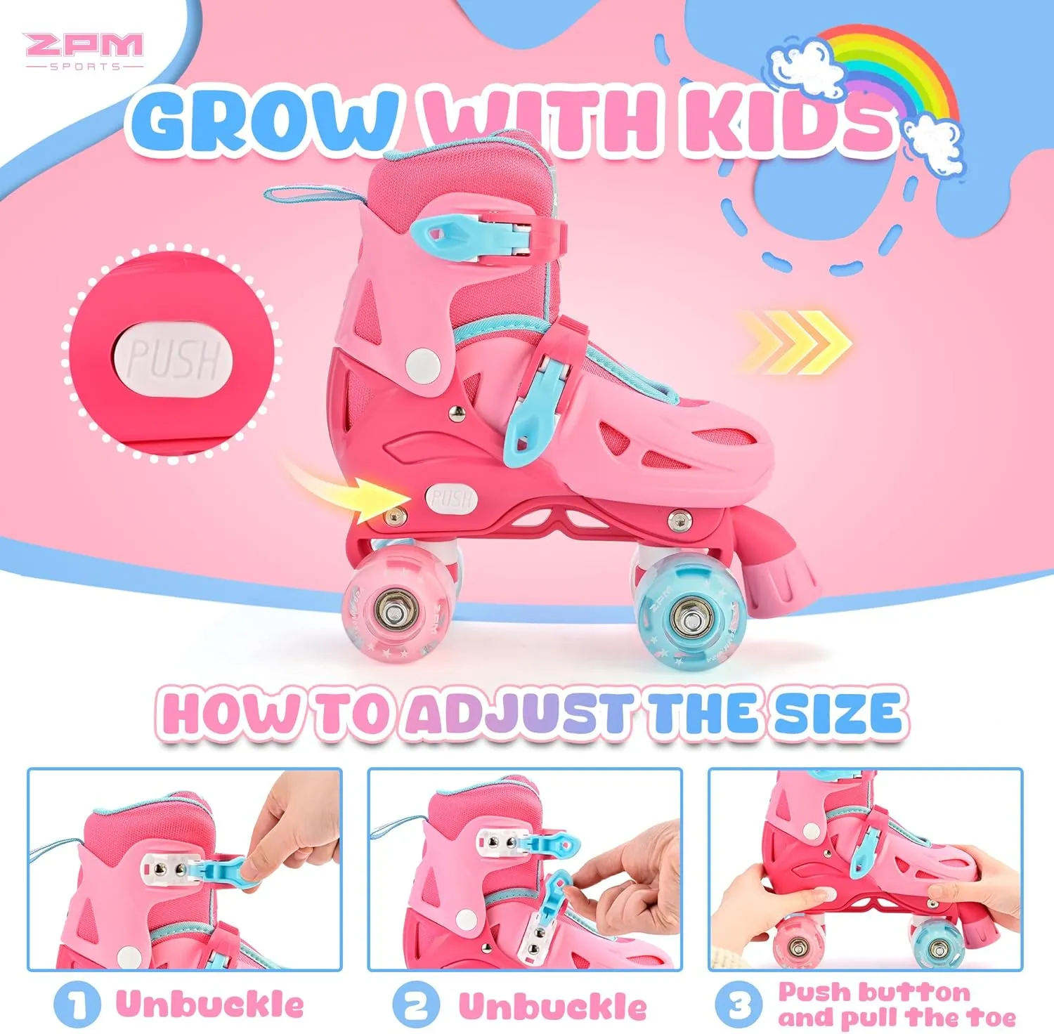 2PM SPORTS 4 Size Adjustable Light Up Roller Skates for Girls, Flashing 4 Wheels, Beginner Kids Rollerskates for Age 5-8 8-12