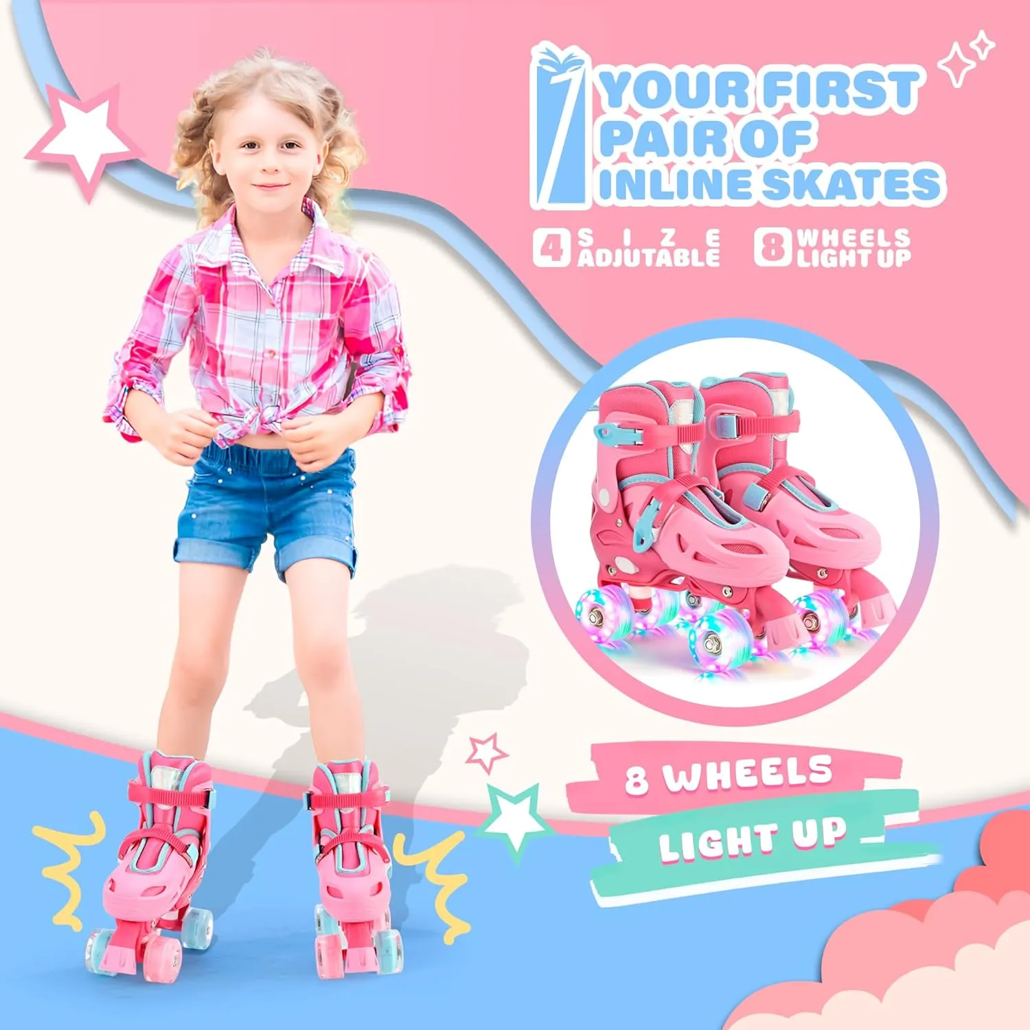 2PM SPORTS 4 Size Adjustable Light Up Roller Skates for Girls, Flashing 4 Wheels, Beginner Kids Rollerskates for Age 5-8 8-12
