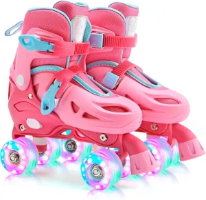 2PM SPORTS 4 Size Adjustable Light Up Roller Skates for Girls, Flashing 4 Wheels, Beginner Kids Rollerskates for Age 5-8 8-12