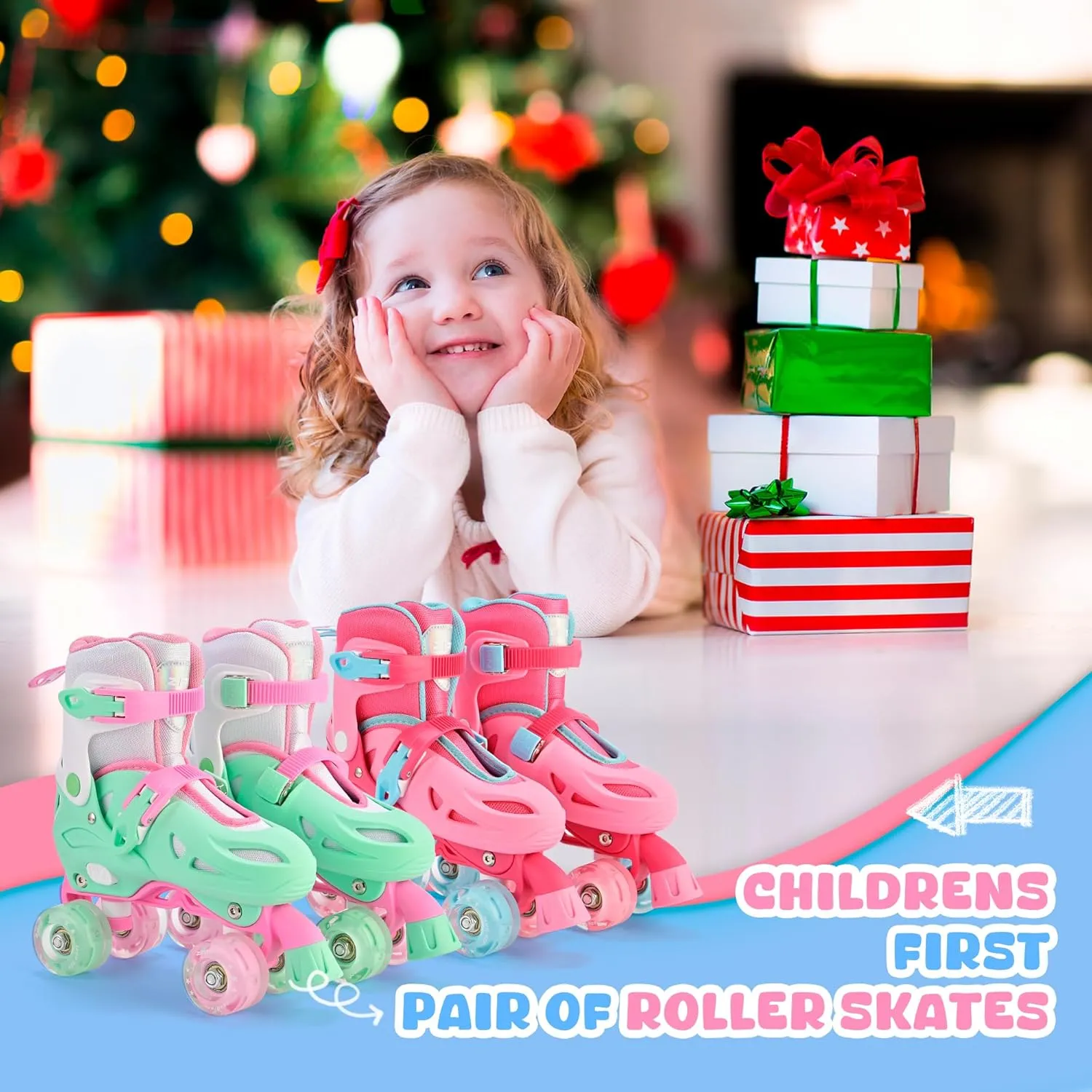 2PM SPORTS 4 Size Adjustable Light Up Roller Skates for Girls, Flashing 4 Wheels, Beginner Kids Rollerskates for Age 5-8 8-12