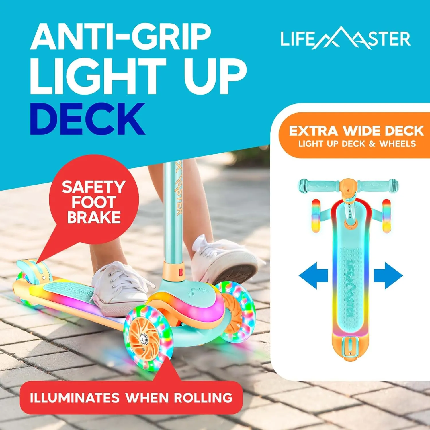 3-Wheel Kids Scooter with Multi-Color Lights on Deck & Wheels – 5-Height Adjustable Handlebar, Wide Anti-Slip Deck, Child Safety Certified, Boys & Girls Ages 3  Supports Up to 150 lbs