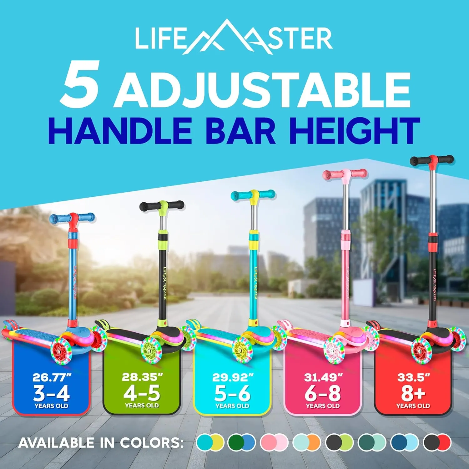 3-Wheel Kids Scooter with Multi-Color Lights on Deck & Wheels – 5-Height Adjustable Handlebar, Wide Anti-Slip Deck, Child Safety Certified, Boys & Girls Ages 3  Supports Up to 150 lbs