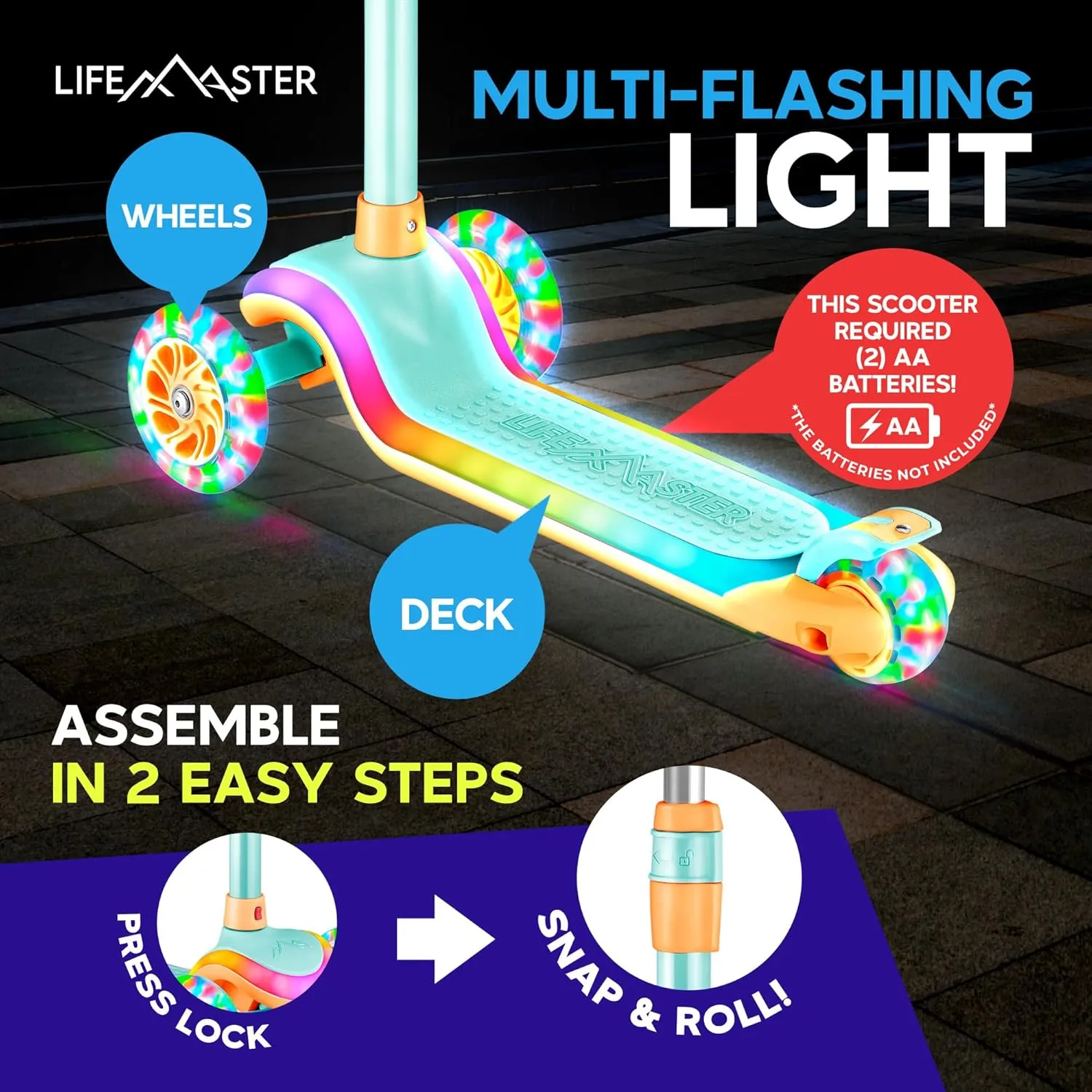 3-Wheel Kids Scooter with Multi-Color Lights on Deck & Wheels – 5-Height Adjustable Handlebar, Wide Anti-Slip Deck, Child Safety Certified, Boys & Girls Ages 3  Supports Up to 150 lbs