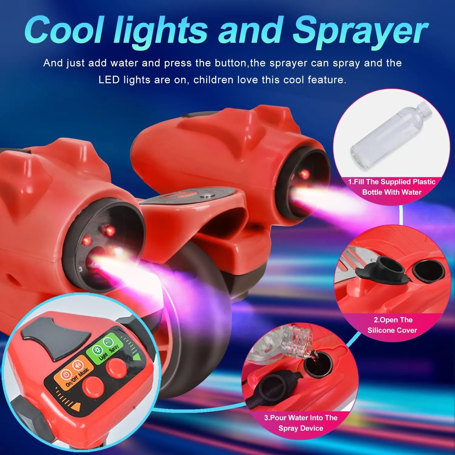 3 Wheel Scooter for Kids, Toddler Scooter with Bluetooth Music Speaker Steam Sprayer LED Lights Aluminum Alloy T-Bar, Folding Kick Scooters for Boys Girls Ages 3-10