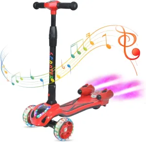 3 Wheel Scooter for Kids, Toddler Scooter with Bluetooth Music Speaker Steam Sprayer LED Lights Aluminum Alloy T-Bar, Folding Kick Scooters for Boys Girls Ages 3-10