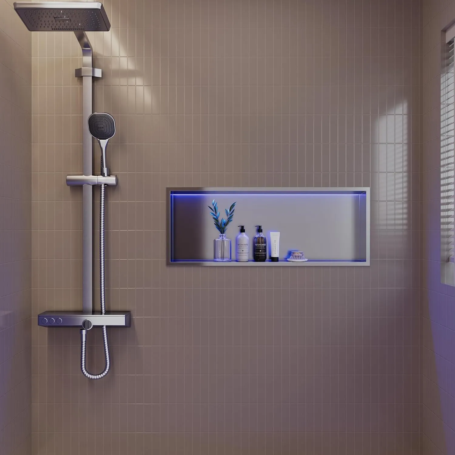 30X12 RGB Shower Niche, Brushed Nickel Stainless Steel LED Wall Niche, No Tile Needed Wall Niche for Bathroom Storage Over Mount Installation